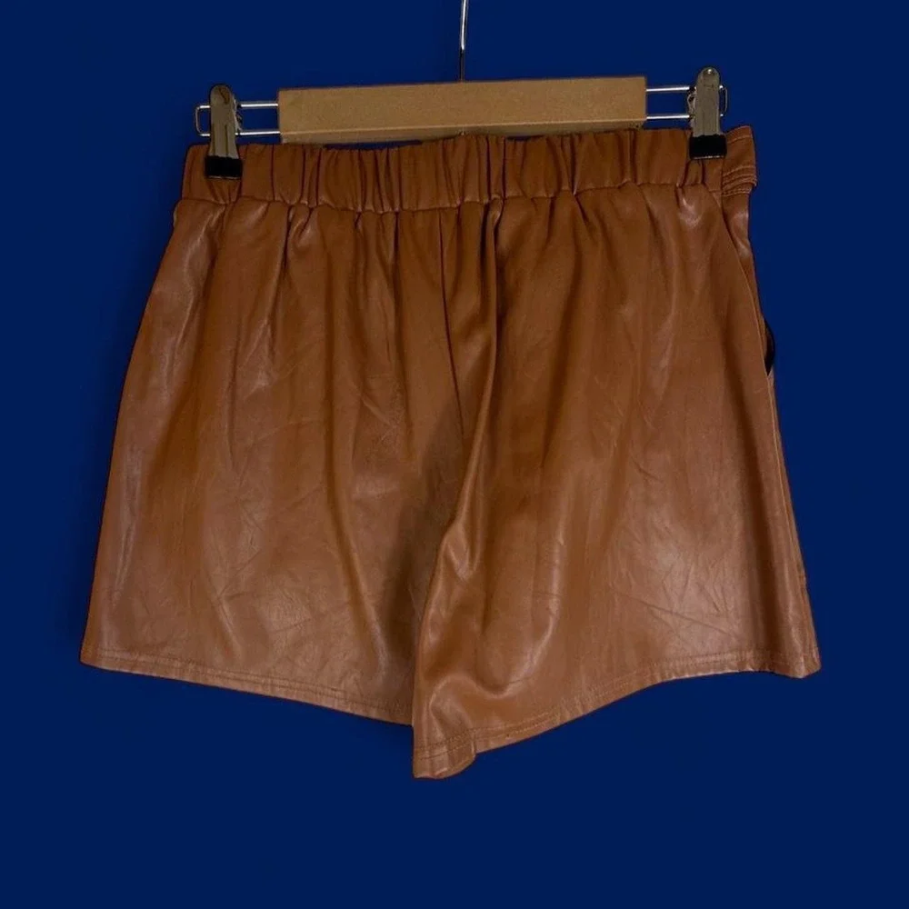 SHEIN Brown Faux Leather Belted High Waist Shorts Pockets Cognac Tan Large